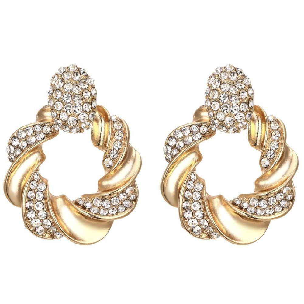 Yellow Gold with White Diamond Crystal Twisted Round Post Statement Earrings